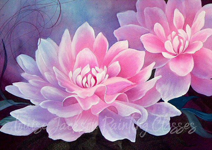Pink Dahlias watercolor painting by Louise Jackson