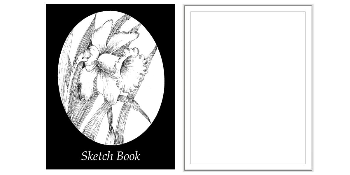Sketch Book Cover with a line drawing of a daffodil and a blank page with a border.