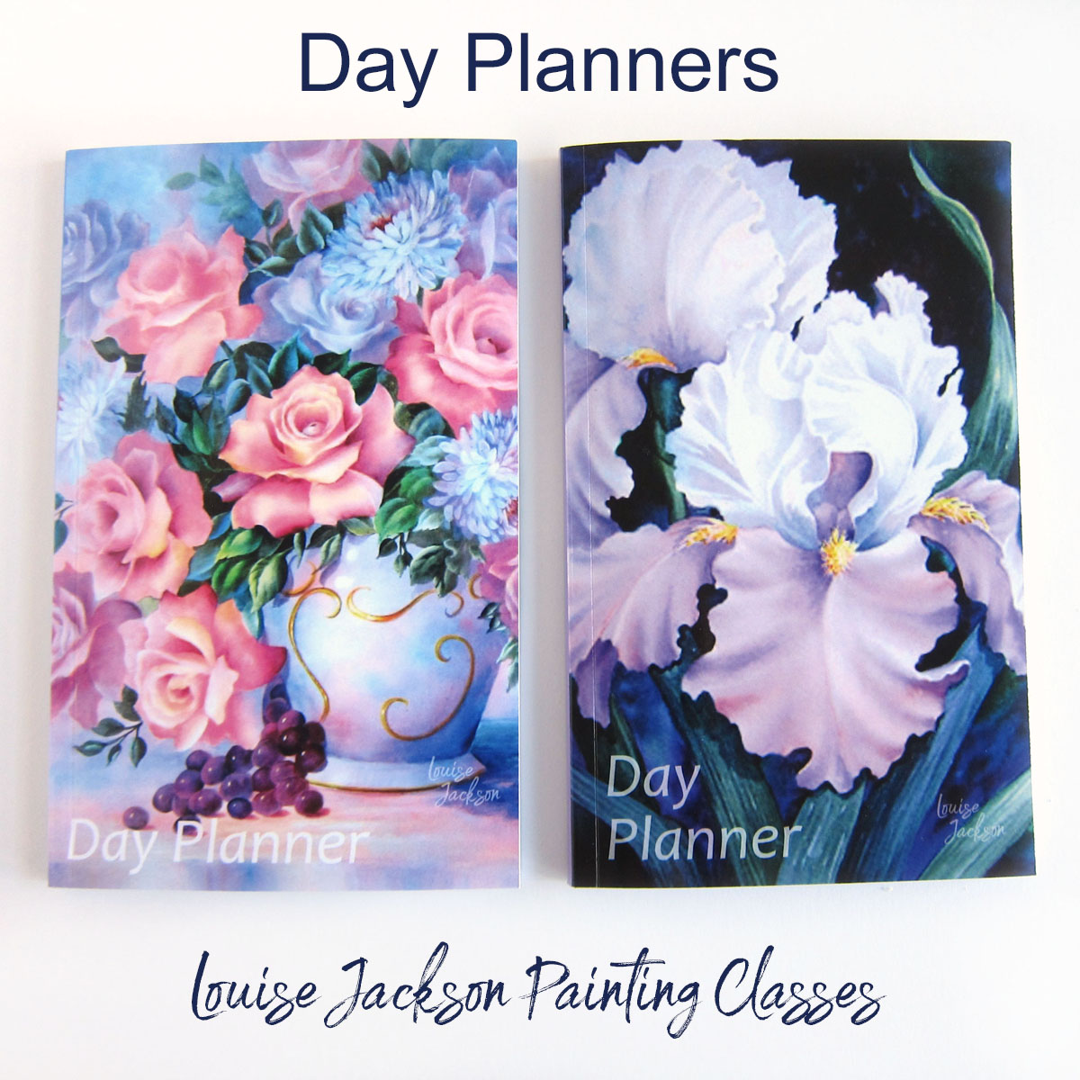 Day planners with beautiful watercolor paintings on the covers featuring roses and irises. 