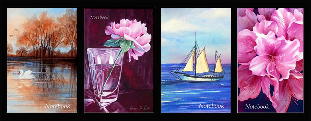 Notebooks featuring watercolor paintings by Louise Jackson including a duck pond, peony in glass, sailboat, and Rhodedendrum.