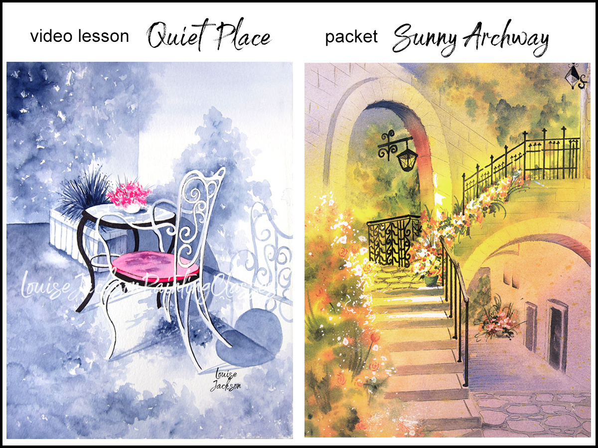 watercolor paintings - chair in a quiet place and sunshine in the archways