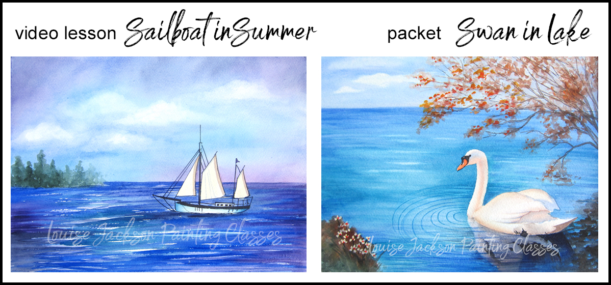 video lesson image of "sailboat in summer" and packet image or "swan in lake" watercolor paintings