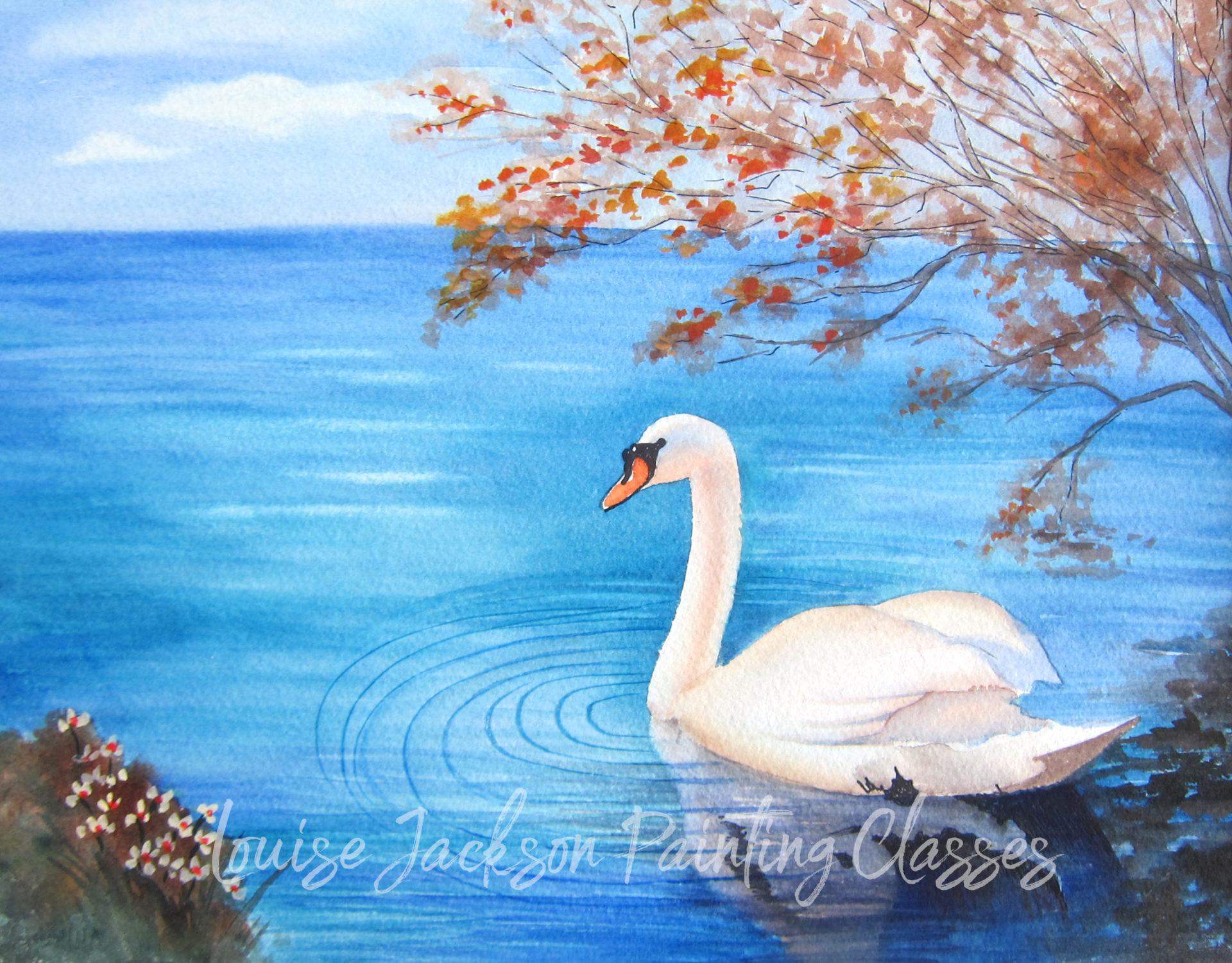 Swan in Lake watercolor painting