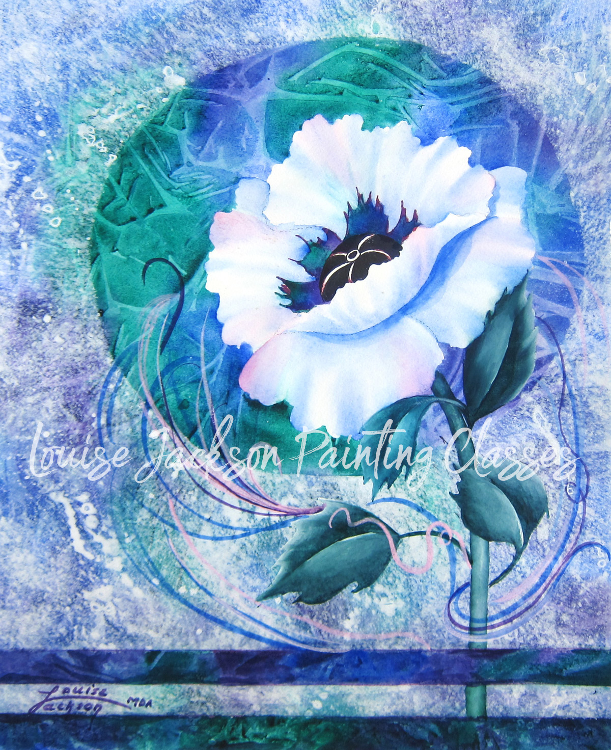 White Poppy watercolor painting class image