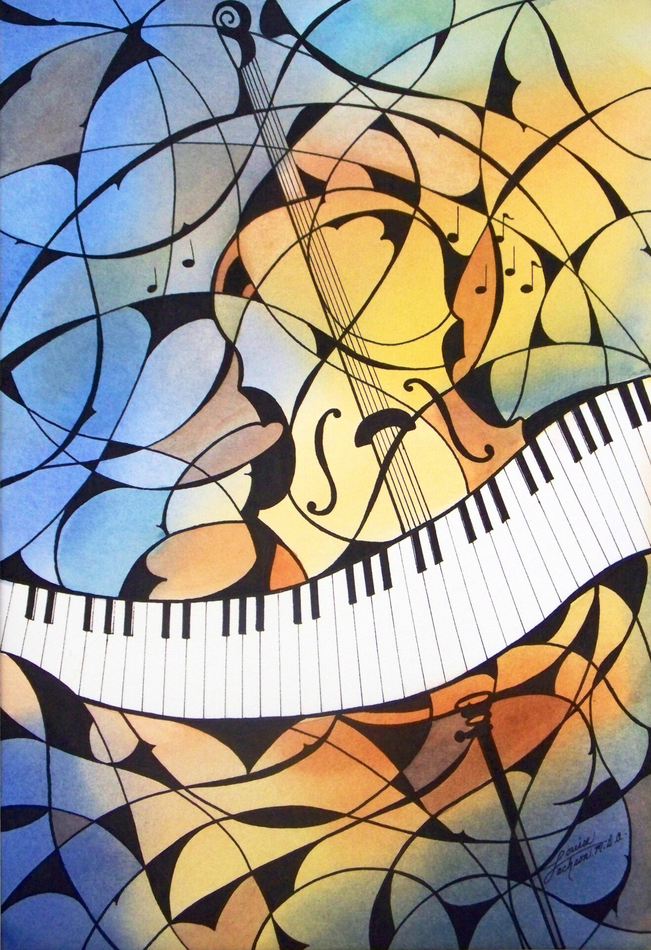 abstract painting with inked design of a cello and piano keys