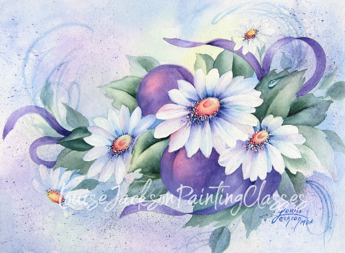 Daisies, plums, and ribbons watercolor painting class image.