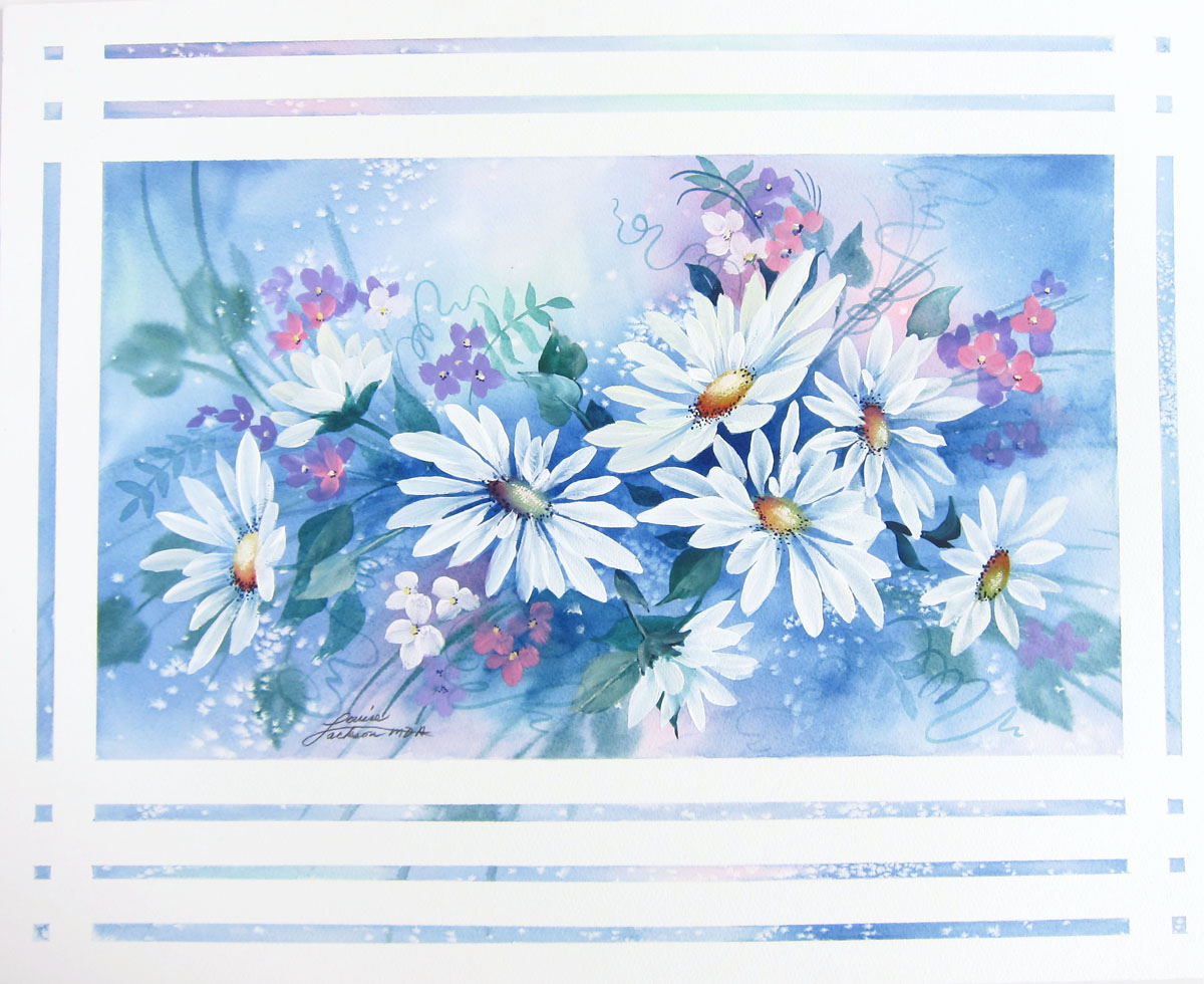 Watercolor painting of white daisies and small pink and purple flowers. 