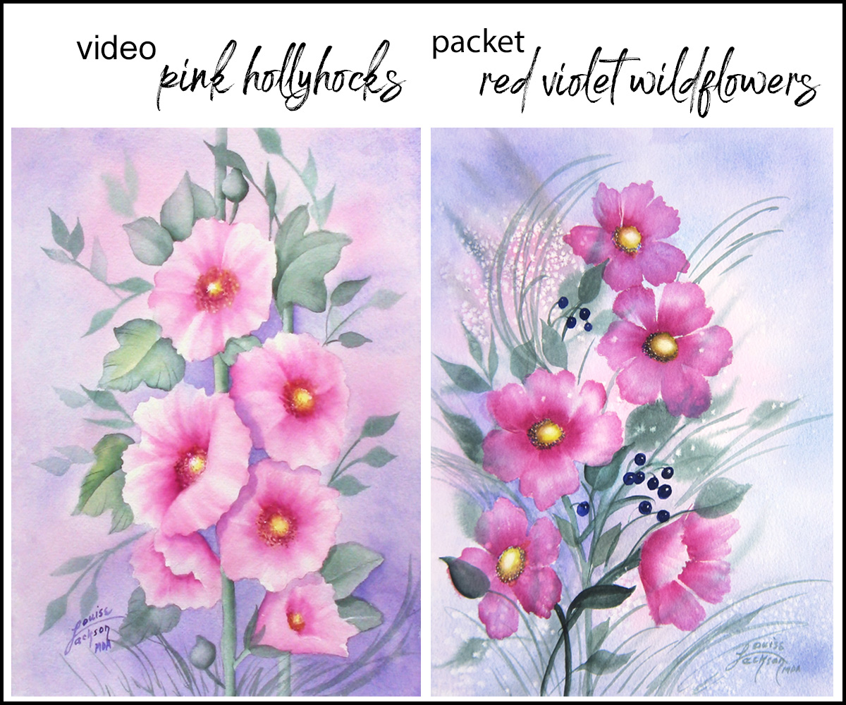 video lesson image of pink hollyhocks and an e-packet image of red violet wildflowers.