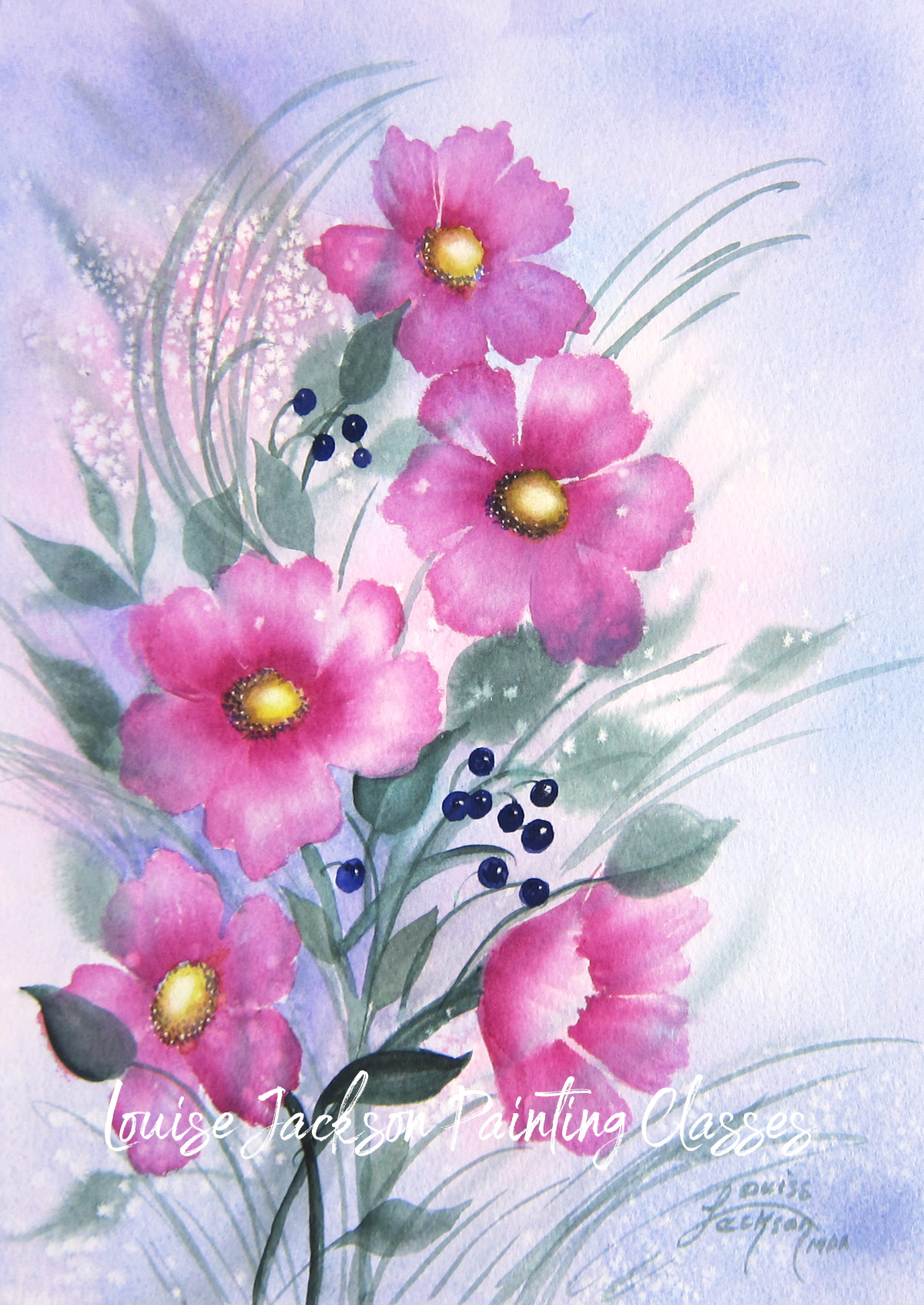 Pink wild flowers watercolor painting. 
