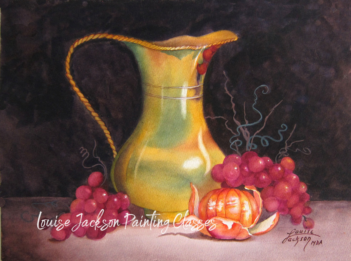 Brass Pot with grapes and a tangerine watercolor painting. 