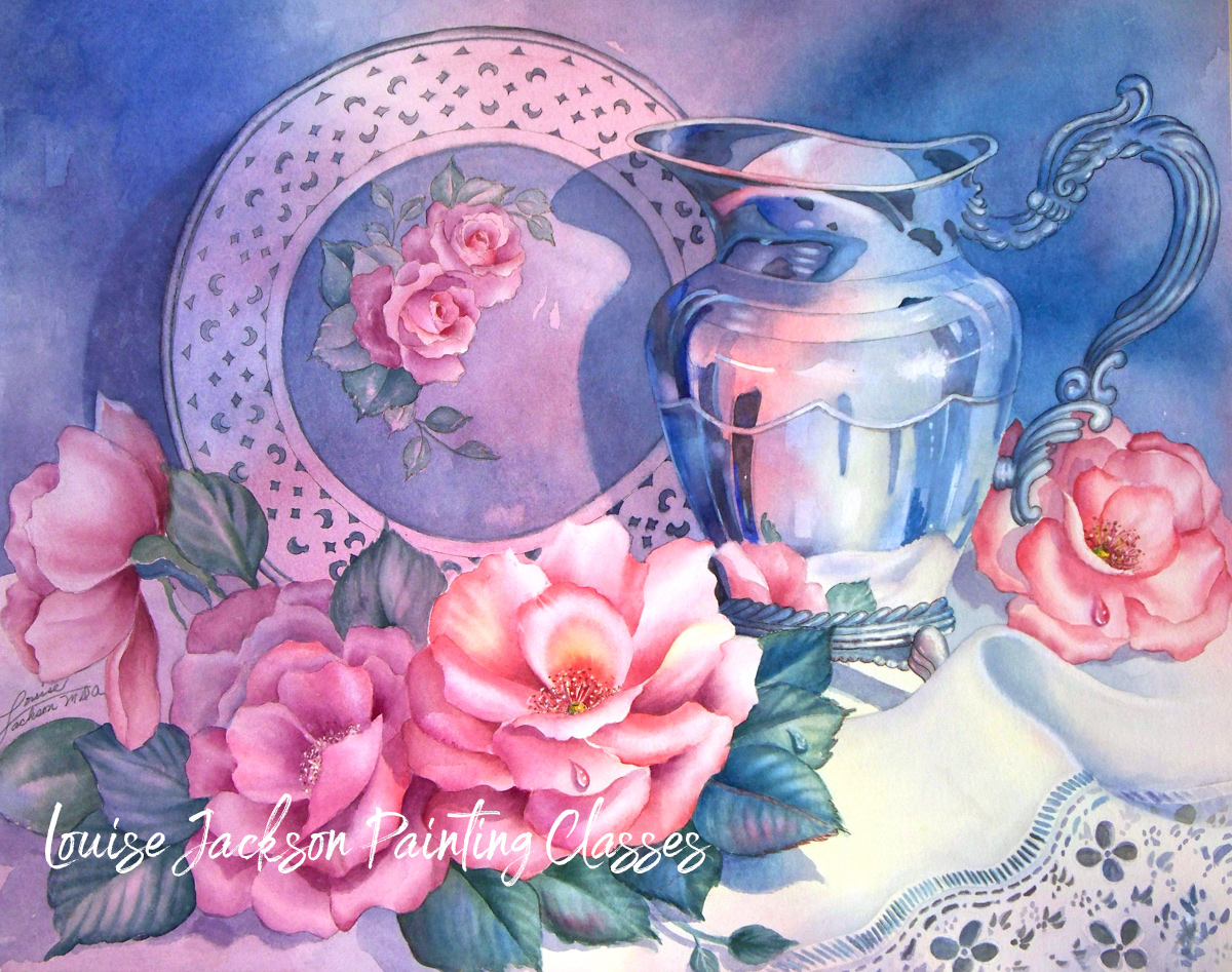 watercolor still life featuring a silver coffee pot, a wooden plate, roses, and lace. 