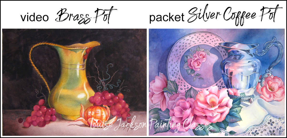 video lesson brass pot watercolor painting and an e-packet Silver Coffee Pot watercolor painting. 